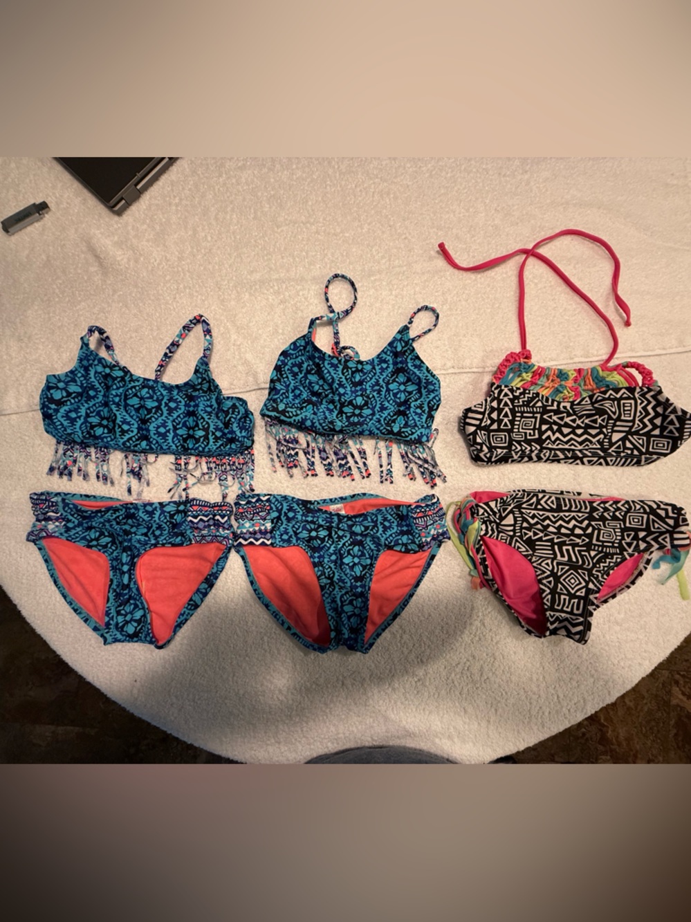 Bundle of 3 Justice Bikini Sets - Blue Floral & Black Aztec. Girls Size 8 &10